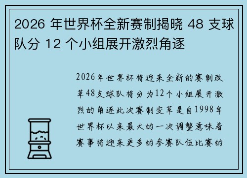 2026 年世界杯全新赛制揭晓 48 支球队分 12 个小组展开激烈角逐